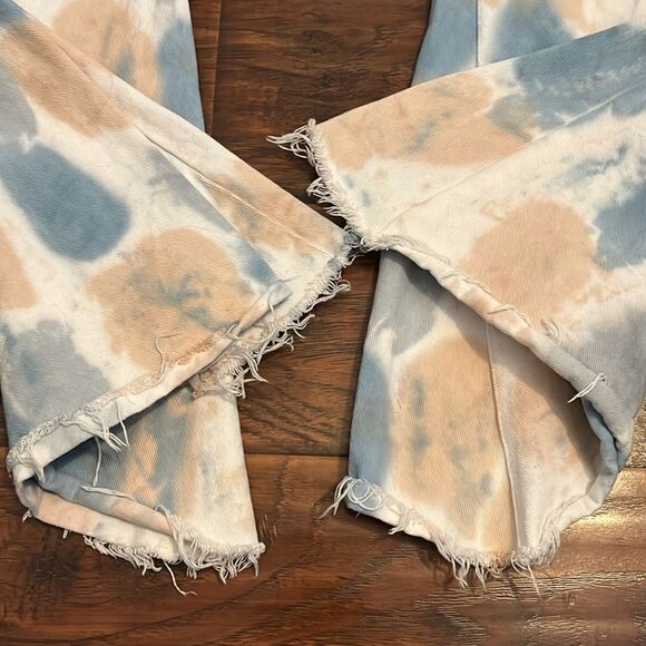 Peach Love Tie Dye Blue Tan Boho Bell Bottom 70’s Inspired Style Jeans Feminine - Picture 12 of 14